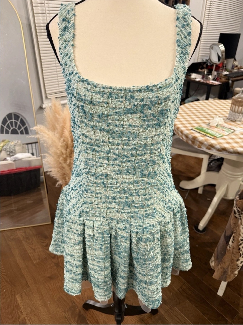 Blue tassel Beautiful Sleeveless Soft Tweed Mini Dress in Light Aqua
